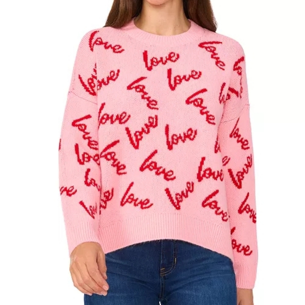 NWT - CeCe "Prism Pink" Love Script Jacquard Crewneck Long Sleeve Sweater - L
